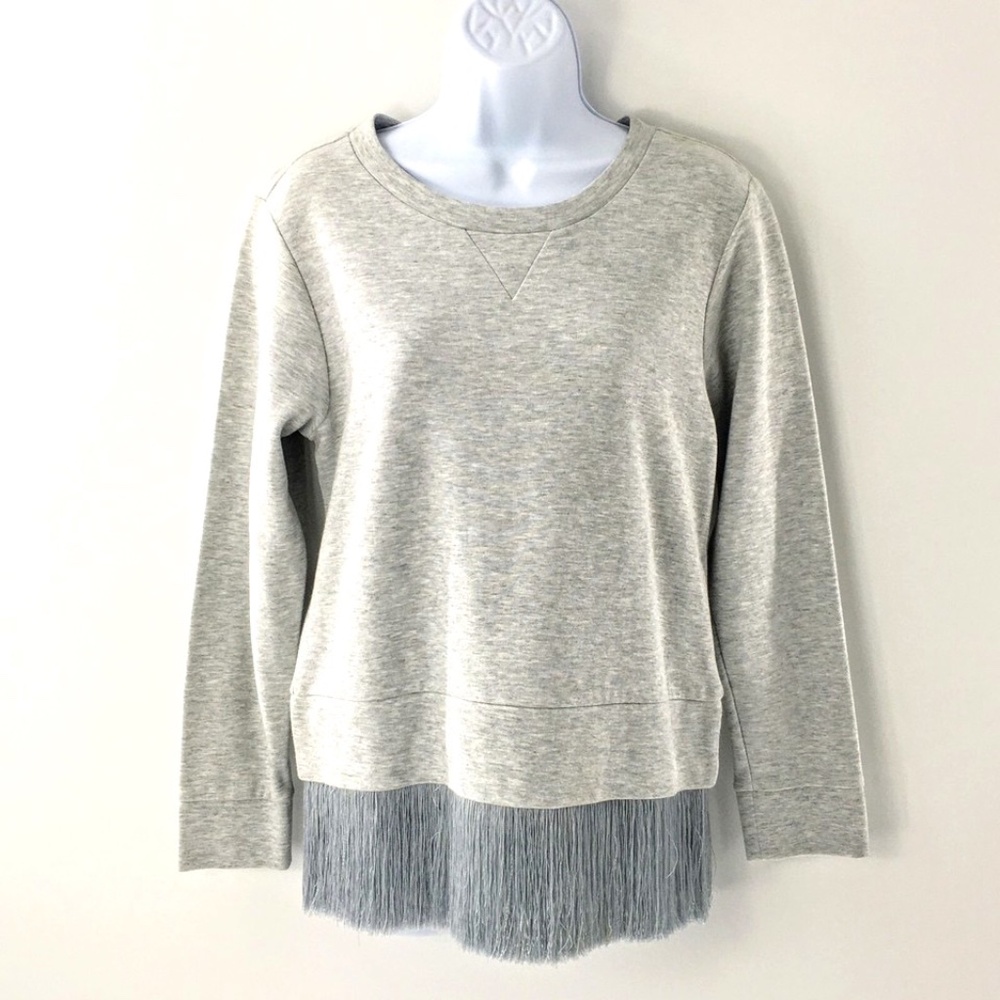 J Crew Women Sweatshirt With Fringe Hem Grey Crewneck Bracelet Wrist Cuffs Sz S